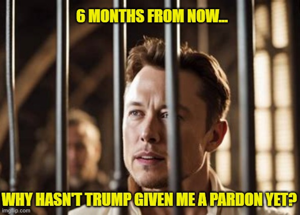 Elon the sucker and loser | 6 MONTHS FROM NOW... WHY HASN'T TRUMP GIVEN ME A PARDON YET? | image tagged in elon the sucker and loser,locked him up,oh shit,so screwed,elon's incarcerration,misbehavin' musk | made w/ Imgflip meme maker