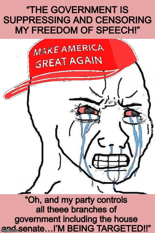 Crying wojak maga | “THE GOVERNMENT IS SUPPRESSING AND CENSORING MY FREEDOM OF SPEECH!”; “Oh, and my party controls all theee branches of government including the house and senate…I’M BEING TARGETED!!” | image tagged in crying wojak maga | made w/ Imgflip meme maker