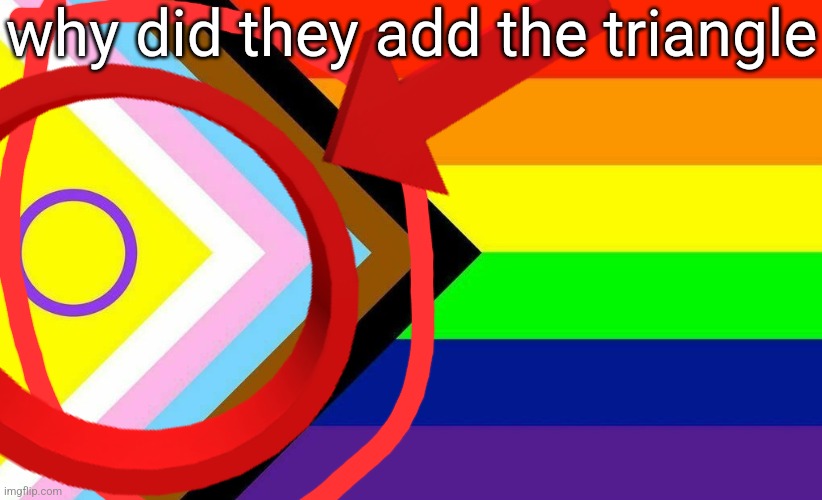 pride flag | why did they add the triangle | image tagged in progress pride flag | made w/ Imgflip meme maker