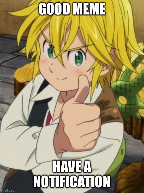 MELIODAS THUMBS UP | GOOD MEME HAVE A NOTIFICATION | image tagged in meliodas thumbs up | made w/ Imgflip meme maker