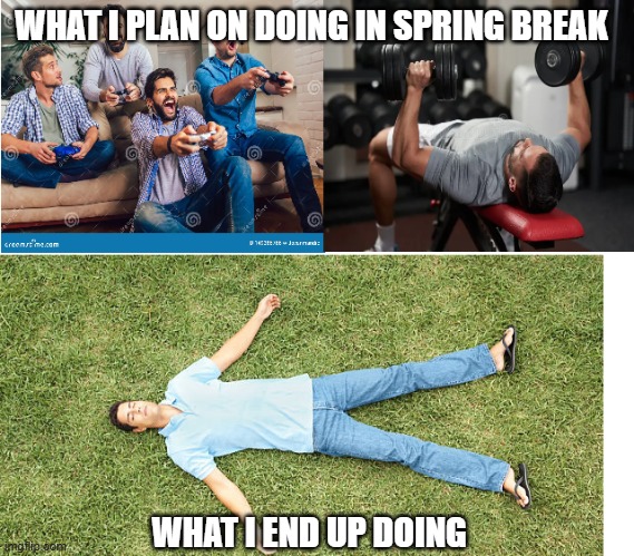 What I end up doing on spring break | WHAT I PLAN ON DOING IN SPRING BREAK; WHAT I END UP DOING | image tagged in spring break | made w/ Imgflip meme maker