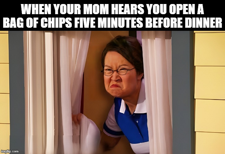 dinner | WHEN YOUR MOM HEARS YOU OPEN A BAG OF CHIPS FIVE MINUTES BEFORE DINNER | image tagged in memes | made w/ Imgflip meme maker