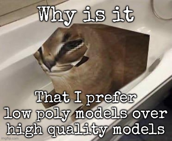 The ones correctly done ofc | Why is it; That I prefer low poly models over high quality models | image tagged in floppa tub,msmg | made w/ Imgflip meme maker