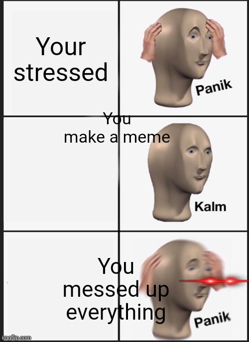 Panik Kalm Panik Meme | Your stressed; You make a meme; You messed up everything | image tagged in memes,panik kalm panik | made w/ Imgflip meme maker