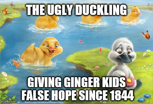 The Ugly Duckling by Hans Christian Anderson | THE UGLY DUCKLING GIVING GINGER KIDS FALSE HOPE SINCE 1844 | image tagged in ginger,ugly | made w/ Imgflip meme maker