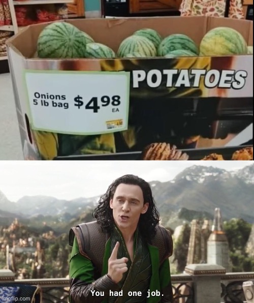 “Maybe they are large, potato-flavoured onions?” | image tagged in you had one job loki | made w/ Imgflip meme maker