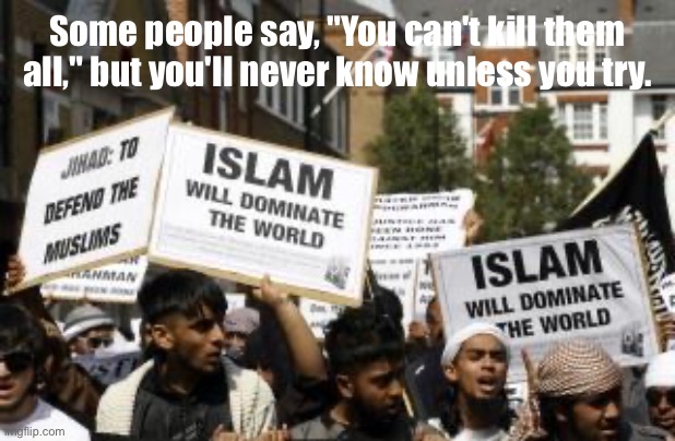 muslim islam animals | Some people say, "You can't kill them all," but you'll never know unless you try. | image tagged in muslim islam animals | made w/ Imgflip meme maker