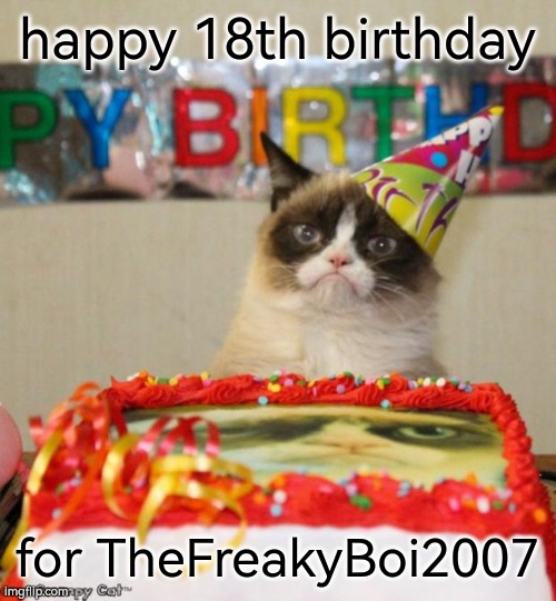 good luck for 12th grade | happy 18th birthday; for TheFreakyBoi2007 | image tagged in grumpy cat birthday,grumpy cat | made w/ Imgflip meme maker