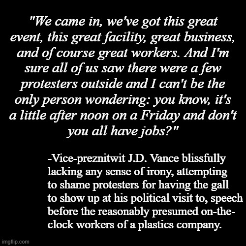 Idk, Mr. Vance -how many of them do you suppose were federal employees? | "We came in, we've got this great
event, this great facility, great business,
and of course great workers. And I'm
sure all of us saw there were a few
protesters outside and I can't be the
only person wondering: you know, it's
a little after noon on a Friday and don't
you all have jobs?"; -Vice-preznitwit J.D. Vance blissfully
lacking any sense of irony, attempting
to shame protesters for having the gall
to show up at his political visit to, speech
before the reasonably presumed on-the-
clock workers of a plastics company. | image tagged in ironic,veep,vance,stupidity | made w/ Imgflip meme maker