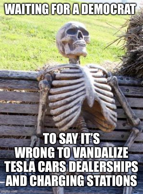 Waiting Skeleton Meme | WAITING FOR A DEMOCRAT; TO SAY IT’S WRONG TO VANDALIZE TESLA CARS DEALERSHIPS AND CHARGING STATIONS | image tagged in memes,waiting skeleton,liberal logic,liberal hypocrisy | made w/ Imgflip meme maker