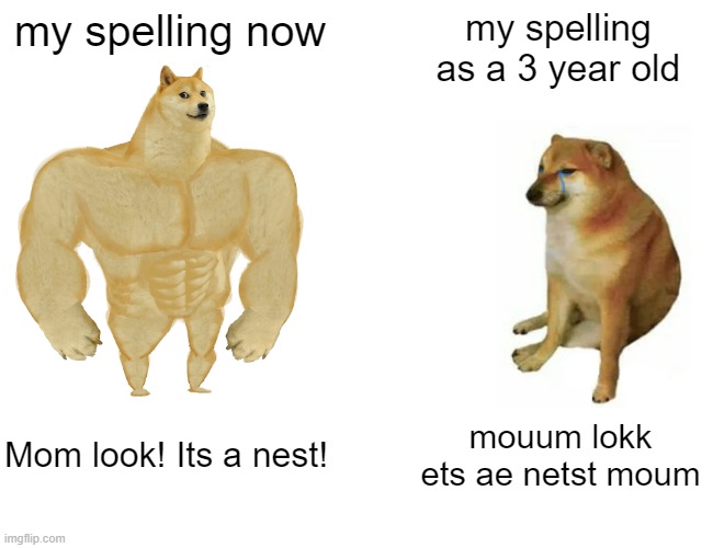 Buff Doge vs. Cheems Meme | my spelling now; my spelling as a 3 year old; Mom look! Its a nest! mouum lokk ets ae netst moum | image tagged in memes,buff doge vs cheems | made w/ Imgflip meme maker