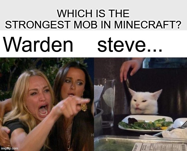 Woman Yelling At Cat Meme | WHICH IS THE STRONGEST MOB IN MINECRAFT? Warden; steve... | image tagged in memes,woman yelling at cat | made w/ Imgflip meme maker