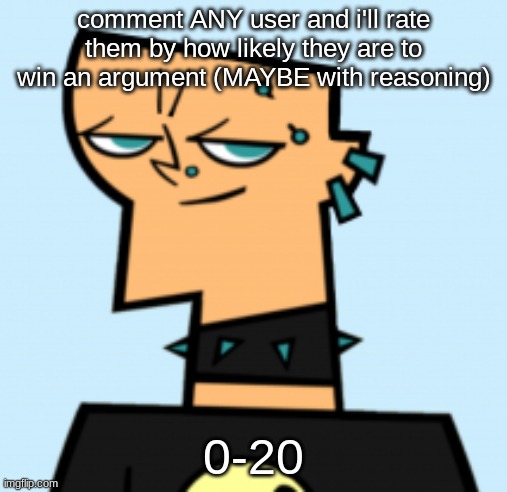 duncan | comment ANY user and i'll rate them by how likely they are to win an argument (MAYBE with reasoning); 0-20 | image tagged in duncan | made w/ Imgflip meme maker