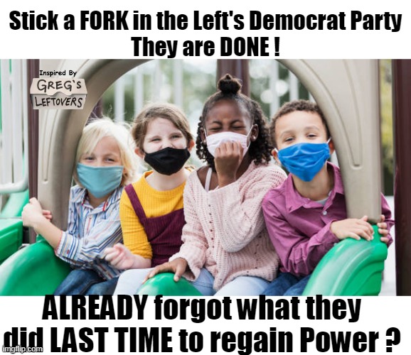 To the WHOLE GD WORLD btw ! | Stick a FORK in the Left's Democrat Party
They are DONE ! ALREADY forgot what they did LAST TIME to regain Power ? | image tagged in democrat party done kids masks meme,3 and 4 seats does not mean done | made w/ Imgflip meme maker
