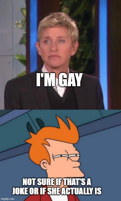 she is a comedian tho | I'M GAY; NOT SURE IF THAT'S A JOKE OR IF SHE ACTUALLY IS | image tagged in disappointed ellen,memes,futurama fry | made w/ Imgflip meme maker