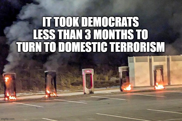 Democrats turn into terrorists | IT TOOK DEMOCRATS LESS THAN 3 MONTHS TO TURN TO DOMESTIC TERRORISM | image tagged in burning tesla station,democrats,terrorist,funny,scary | made w/ Imgflip meme maker