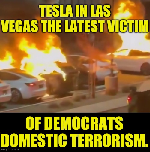 Haven't Democrats Been Pushing Us Toward Electric Vehica? | TESLA IN LAS VEGAS THE LATEST VICTIM; OF DEMOCRATS DOMESTIC TERRORISM. | image tagged in memes,burn,tesla,democrats,domestic violence,terrorism | made w/ Imgflip meme maker