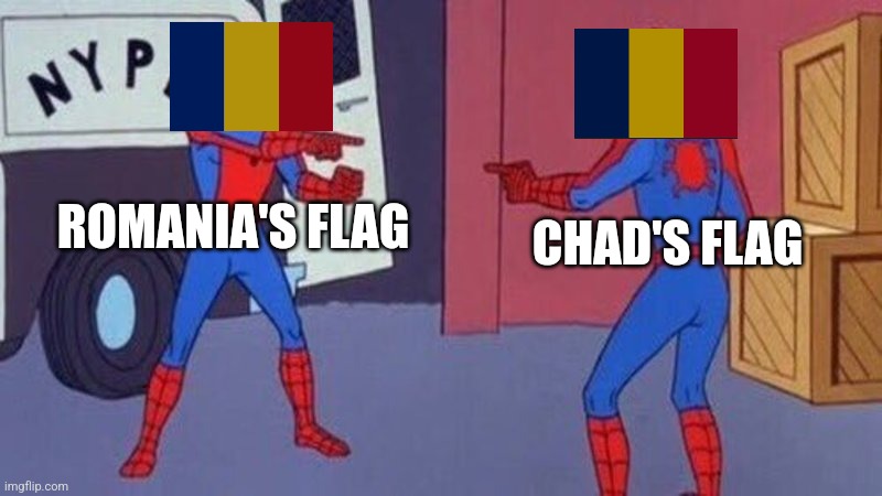 how can you tell which flag is which? | ROMANIA'S FLAG; CHAD'S FLAG | image tagged in spiderman pointing at spiderman | made w/ Imgflip meme maker