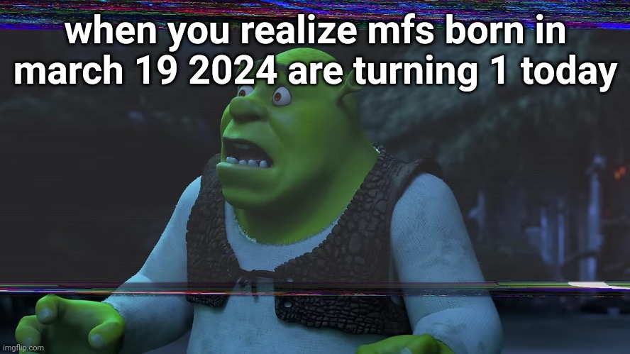 Scared Shrek | when you realize mfs born in march 19 2024 are turning 1 today | image tagged in scared shrek | made w/ Imgflip meme maker