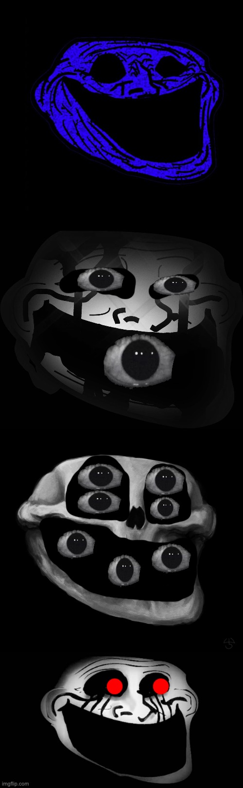 Trollge Becoming Uncanny Phases: 7.5, 9.875, 12.5 (Roll The Die), 14.5. | image tagged in front facing trollge face,skull troll,troll face,trollface,trollge,uncanny | made w/ Imgflip meme maker