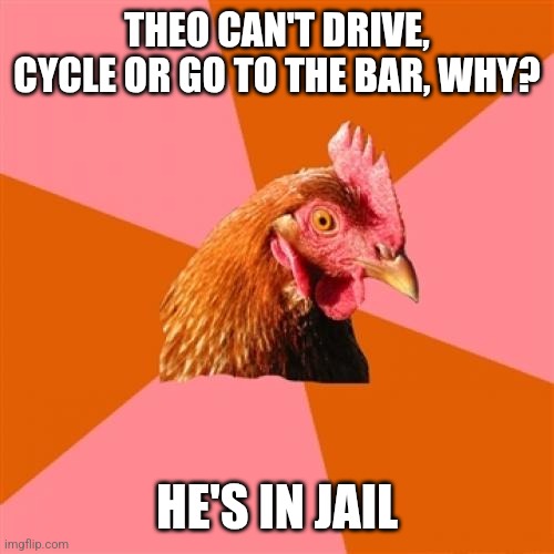 Anti Joke Chicken | THEO CAN'T DRIVE, CYCLE OR GO TO THE BAR, WHY? HE'S IN JAIL | image tagged in memes,anti joke chicken | made w/ Imgflip meme maker