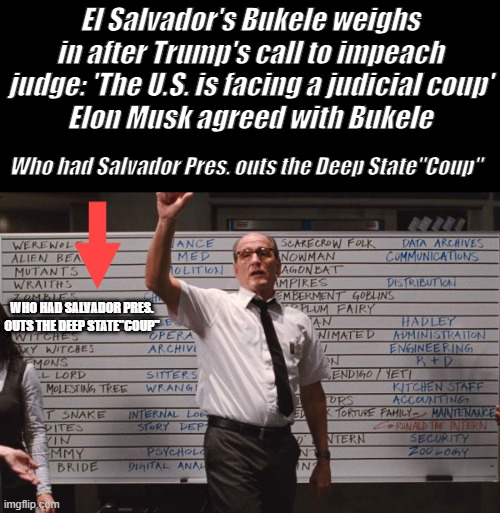 Can you see it YET ? We Are The World .. come on sing along | El Salvador's Bukele weighs in after Trump's call to impeach judge: 'The U.S. is facing a judicial coup'
Elon Musk agreed with Bukele; Who had Salvador Pres. outs the Deep State"Coup"; WHO HAD SALVADOR PRES. OUTS THE DEEP STATE"COUP" | image tagged in cabin the the woods | made w/ Imgflip meme maker