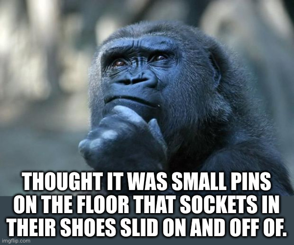 Deep Thoughts | THOUGHT IT WAS SMALL PINS ON THE FLOOR THAT SOCKETS IN THEIR SHOES SLID ON AND OFF OF. | image tagged in deep thoughts | made w/ Imgflip meme maker