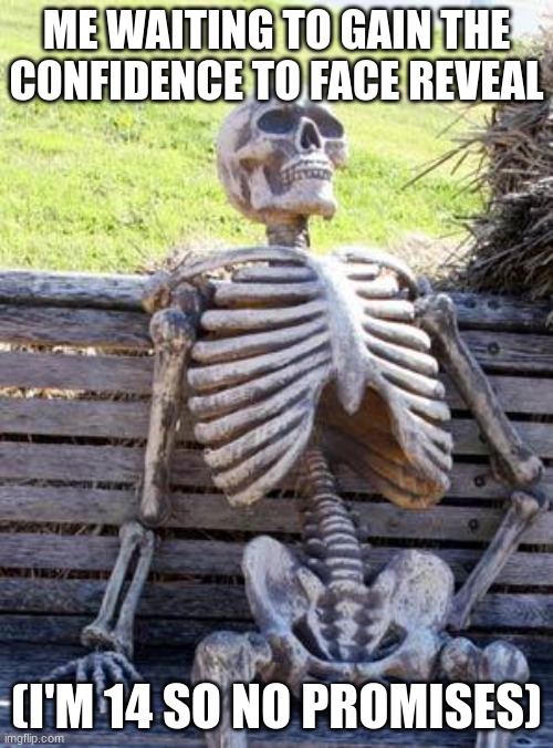 Waiting Skeleton | ME WAITING TO GAIN THE CONFIDENCE TO FACE REVEAL; (I'M 14 SO NO PROMISES) | image tagged in memes,waiting skeleton | made w/ Imgflip meme maker