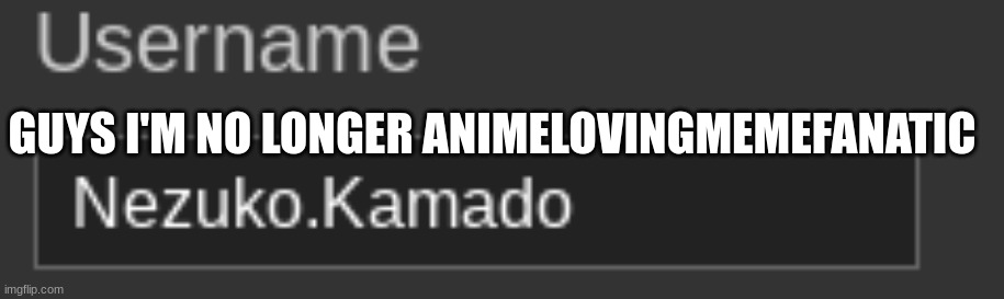 GUYS I'M NO LONGER ANIMELOVINGMEMEFANATIC | image tagged in nezuko,usernames | made w/ Imgflip meme maker