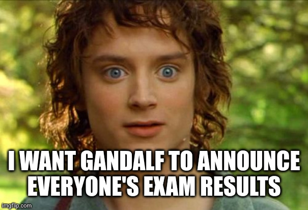 Surpised Frodo Meme | I WANT GANDALF TO ANNOUNCE EVERYONE'S EXAM RESULTS | image tagged in memes,surpised frodo | made w/ Imgflip meme maker