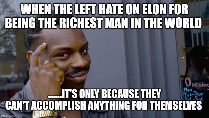 Swamp creatures | WHEN THE LEFT HATE ON ELON FOR BEING THE RICHEST MAN IN THE WORLD; .......IT'S ONLY BECAUSE THEY CAN'T ACCOMPLISH ANYTHING FOR THEMSELVES | image tagged in memes,roll safe think about it | made w/ Imgflip meme maker