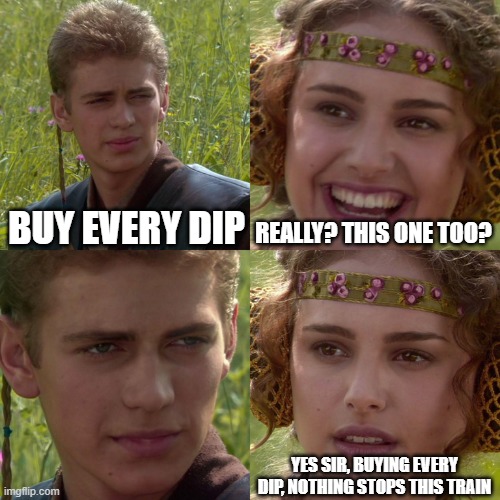 Buy Every Dip | BUY EVERY DIP; REALLY? THIS ONE TOO? YES SIR, BUYING EVERY DIP, NOTHING STOPS THIS TRAIN | image tagged in anakin padme 4 panel | made w/ Imgflip meme maker