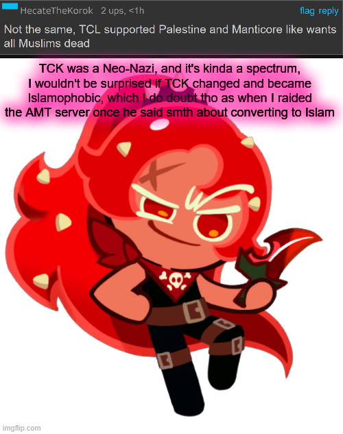 TCK was a Neo-Nazi, and it's kinda a spectrum, I wouldn't be surprised if TCK changed and became Islamophobic, which I do doubt tho as when I raided the AMT server once he said smth about converting to Islam | image tagged in chili pepper cookie | made w/ Imgflip meme maker