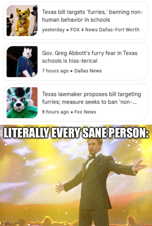 *chuckles* | LITERALLY EVERY SANE PERSON: | image tagged in tony stark success,furry,texas,relatable,memes,funny | made w/ Imgflip meme maker