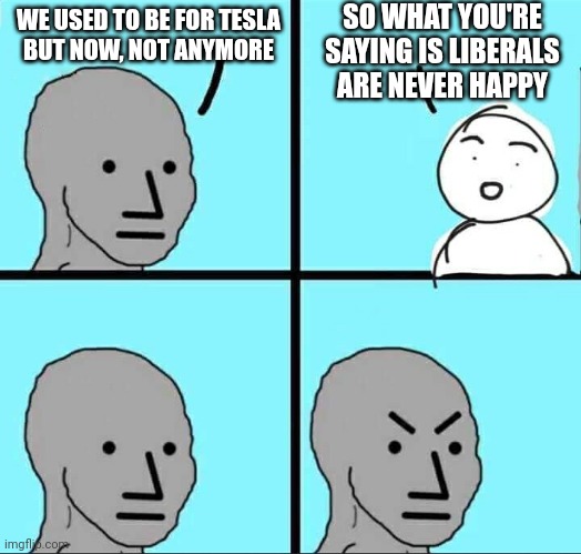 Can't please them | SO WHAT YOU'RE SAYING IS LIBERALS ARE NEVER HAPPY; WE USED TO BE FOR TESLA
BUT NOW, NOT ANYMORE | image tagged in npc meme,leftists,liberals,democrats | made w/ Imgflip meme maker