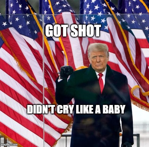 PATRIOTIC DON | GOT SHOT; DIDN'T CRY LIKE A BABY | image tagged in trump fight 1/6 capitol riot coup attempt treason traitor | made w/ Imgflip meme maker