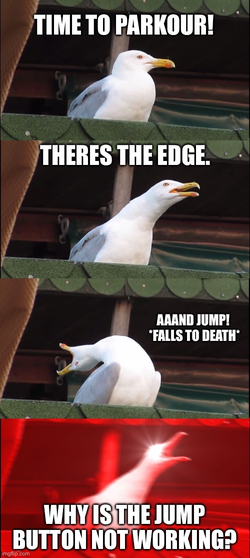 The Jump Button Hates Me | TIME TO PARKOUR! THERES THE EDGE. AAAND JUMP!  *FALLS TO DEATH*; WHY IS THE JUMP BUTTON NOT WORKING? | image tagged in memes,inhaling seagull,parkour,jump button not working | made w/ Imgflip meme maker