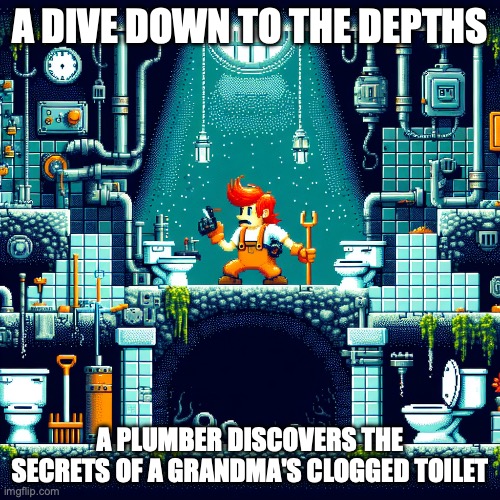 Wait yo this is fire, AI! | A DIVE DOWN TO THE DEPTHS; A PLUMBER DISCOVERS THE SECRETS OF A GRANDMA'S CLOGGED TOILET | image tagged in ai,video games | made w/ Imgflip meme maker