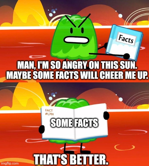 Some Facts 2 | MAN, I'M SO ANGRY ON THIS SUN. MAYBE SOME FACTS WILL CHEER ME UP. SOME FACTS; THAT'S BETTER. | image tagged in gelatin's book of facts,bone hurting juice,anti meme | made w/ Imgflip meme maker