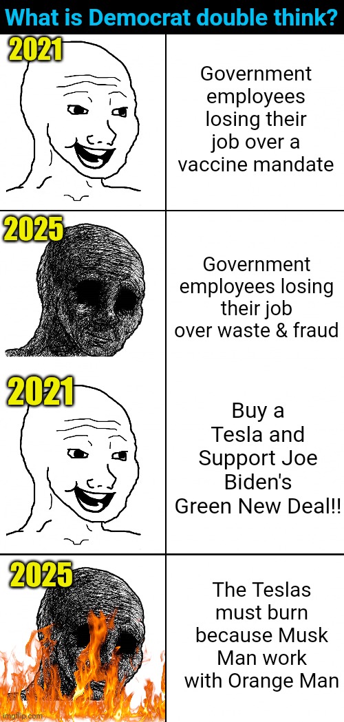 What is Democrat double think? 2021; Government employees losing their job over a vaccine mandate; 2025; Government employees losing their job over waste & fraud; Buy a Tesla and Support Joe Biden's Green New Deal!! 2021; The Teslas must burn because Musk Man work with Orange Man; 2025 | image tagged in happy wojak vs depressed wojak | made w/ Imgflip meme maker