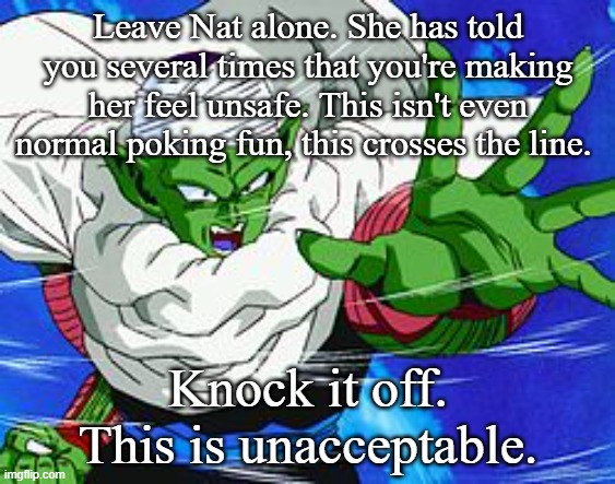 Piccolo | Leave Nat alone. She has told you several times that you're making her feel unsafe. This isn't even normal poking fun, this crosses the line. Knock it off. This is unacceptable. | image tagged in piccolo | made w/ Imgflip meme maker