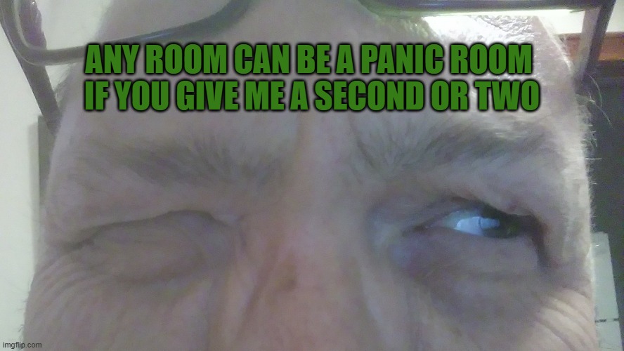 panic | ANY ROOM CAN BE A PANIC ROOM 
IF YOU GIVE ME A SECOND OR TWO | image tagged in panic | made w/ Imgflip meme maker