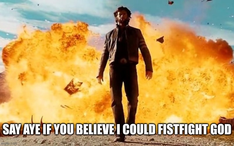 Guy Walking Away From Explosion | SAY AYE IF YOU BELIEVE I COULD FISTFIGHT GOD | image tagged in guy walking away from explosion,god,fistfight,spar,fistfight god,aye | made w/ Imgflip meme maker