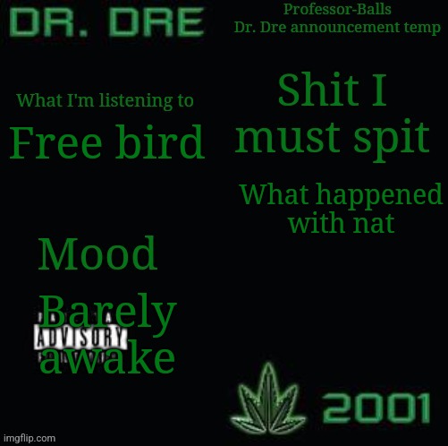Professor-Balls Dr Dre announcement temp | Free bird; What happened with nat; Barely awake | image tagged in professor-balls dr dre announcement temp | made w/ Imgflip meme maker