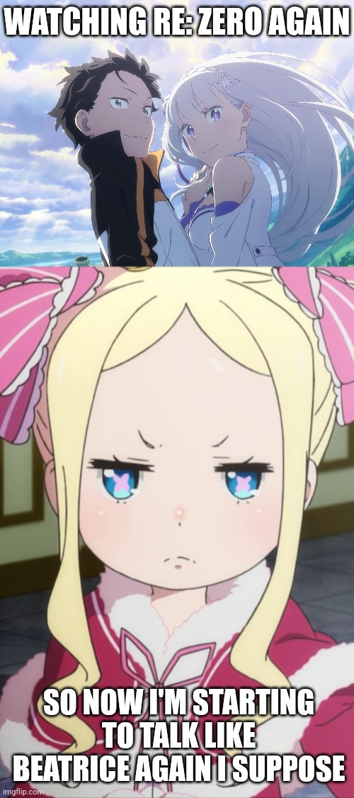 I SUPPOSE | WATCHING RE: ZERO AGAIN; SO NOW I'M STARTING TO TALK LIKE BEATRICE AGAIN I SUPPOSE | image tagged in re zero,starting life in a different world,beatrice,anime,anime meme | made w/ Imgflip meme maker