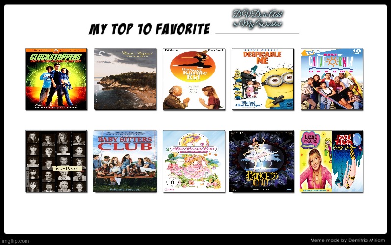 Brandon's Top 10 DVDs (Wishlist) | DVDs to Add to My Wishlist | image tagged in my top 10,anime,dvd,disney,despicable me,80s | made w/ Imgflip meme maker