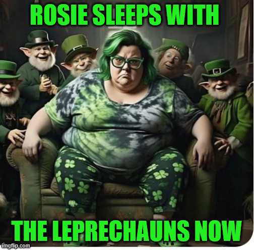 Bye bye Rosie... | ROSIE SLEEPS WITH THE LEPRECHAUNS NOW | image tagged in rosie o'donnell,leprechaun,good riddance | made w/ Imgflip meme maker