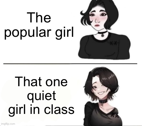 Girl in black dress (Glow-up) | The popular girl; That one quiet girl in class | image tagged in girl in black dress glow-up,quiet kid,school,high school,class | made w/ Imgflip meme maker