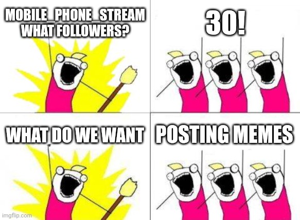 What Do We Want Meme (Thanks For 30 Followers!!!) | MOBILE_PHONE_STREAM WHAT FOLLOWERS? 30! WHAT DO WE WANT; POSTING MEMES | image tagged in memes,what do we want | made w/ Imgflip meme maker