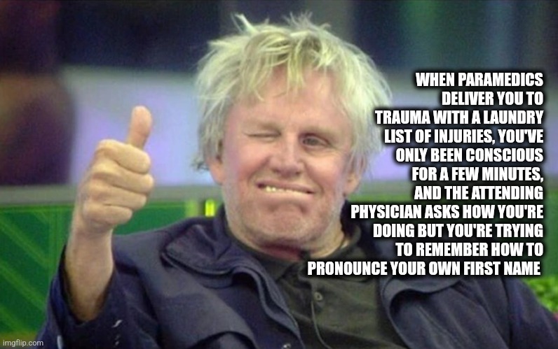 I'm fine | WHEN PARAMEDICS DELIVER YOU TO TRAUMA WITH A LAUNDRY LIST OF INJURIES, YOU'VE ONLY BEEN CONSCIOUS FOR A FEW MINUTES, AND THE ATTENDING PHYSICIAN ASKS HOW YOU'RE DOING BUT YOU'RE TRYING TO REMEMBER HOW TO PRONOUNCE YOUR OWN FIRST NAME | image tagged in i'm doing great | made w/ Imgflip meme maker